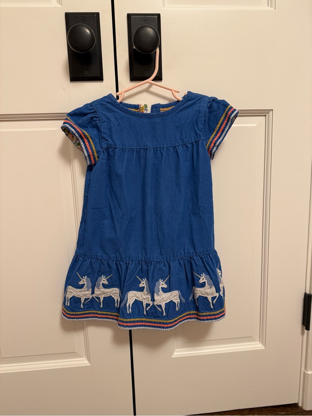 Mini Boden Girls Blue Unicorn Embroidered Short Sleeve Dress